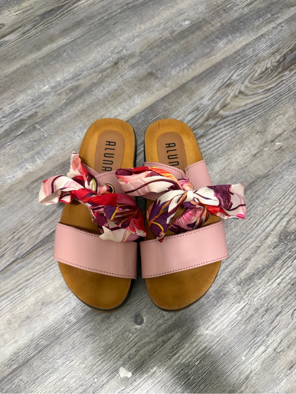 Pink Slide Sandals with Floral Scarf Accent